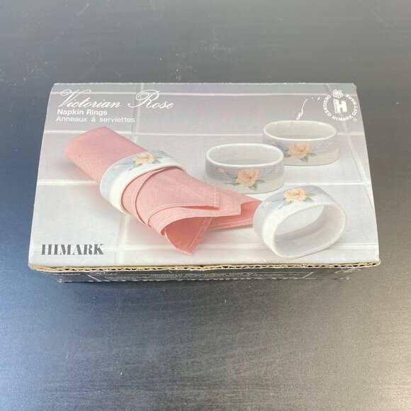 Porcelain Set of 4 Napkin Ring, Designed HIMARK Giftware, Japan, White Floral Pa - Picture 7 of 10
